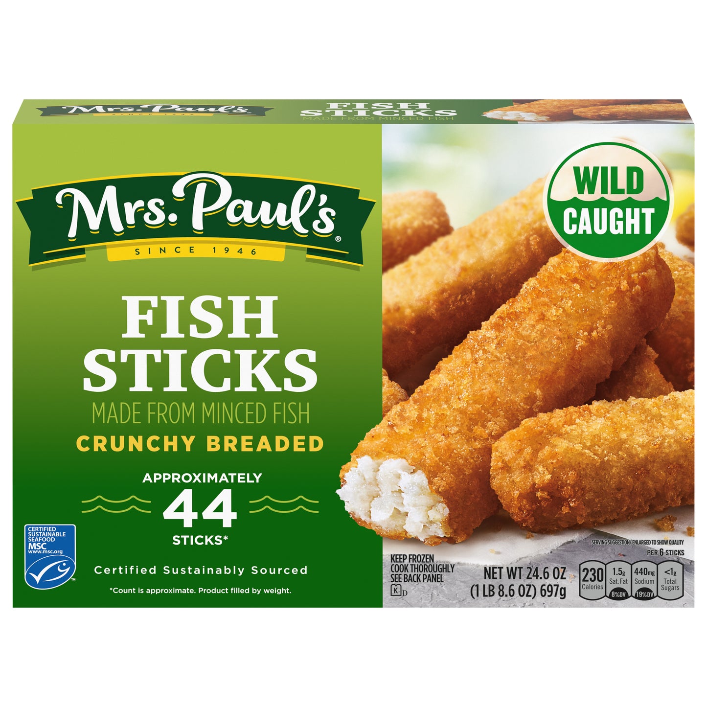 Mrs. Paul's Crunchy Breaded Fish Sticks, Made With 100% Real Fish, Frozen, 24.6 oz. 44-Count