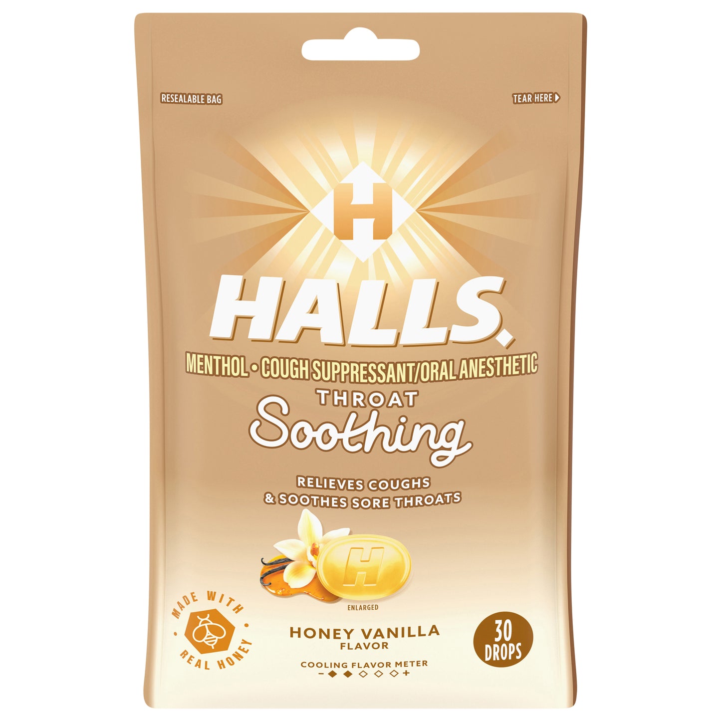 HALLS Throat Soothing Honey Vanilla Cough Drops, 30 Drops