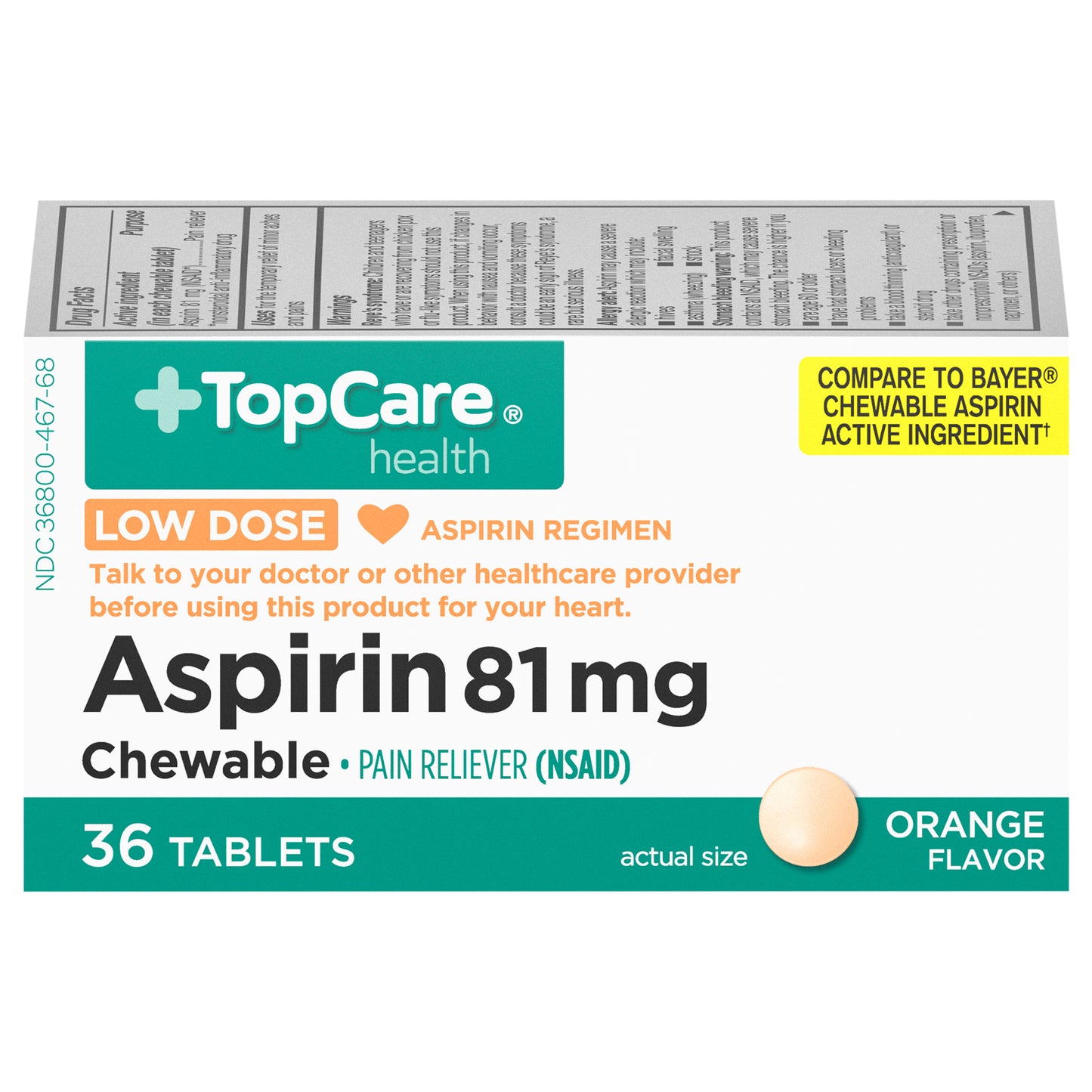 TopCare Health 81 mg Low Dose Orange Flavor Aspirin 36 Tablets