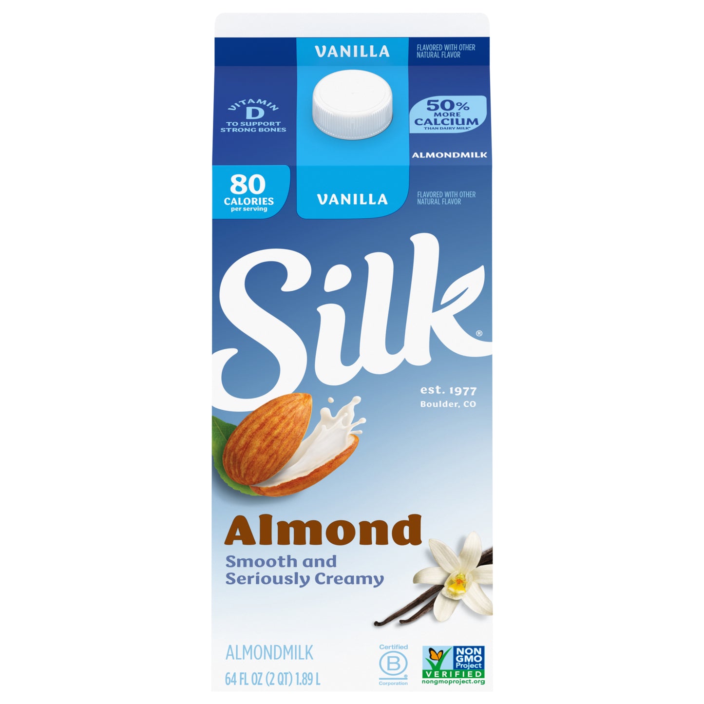 Silk Almond Milk, Vanilla, Dairy Free, Gluten Free, 64 FL OZ Half Gallon