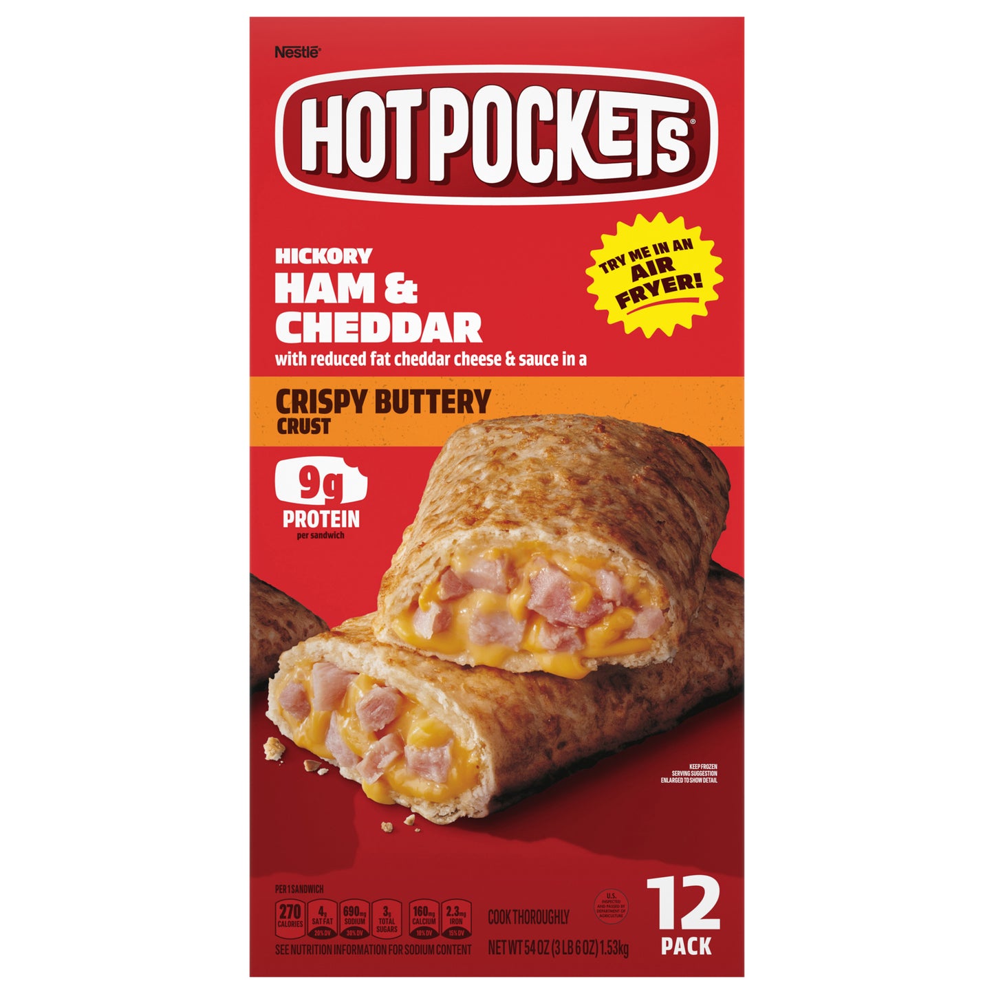 Hot Pockets Hickory Ham & Cheddar Frozen Snacks in a Crispy Buttery Crust, Frozen Ham and Cheese Sandwiches, 12 Count 54 oz.
