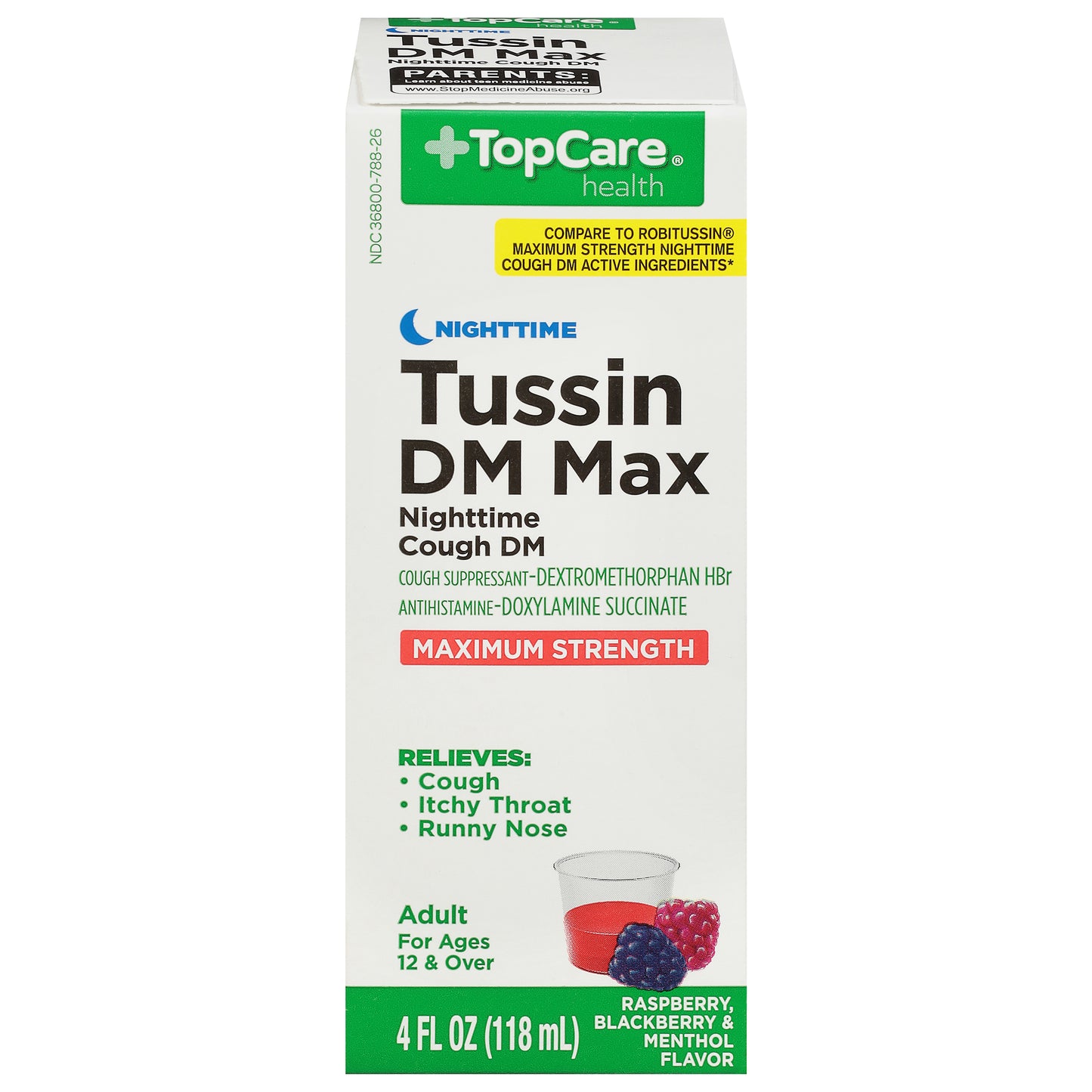 TopCare Health Nighttime Maximum Strength Raspberry, Blackberry & Menthol Flavor Tussin DM Max 4 fl oz