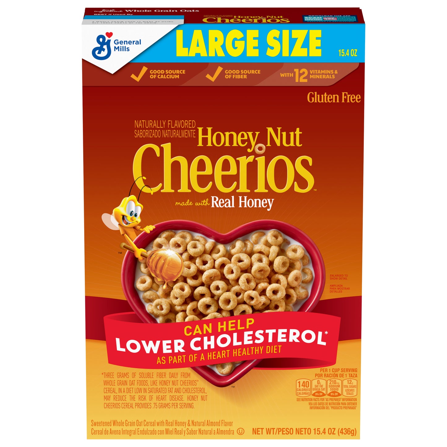 Honey Nut Cheerios Heart Healthy Breakfast Cereal, Gluten Free Cereal With Whole Grain Oats, Large Size, 15.4 oz