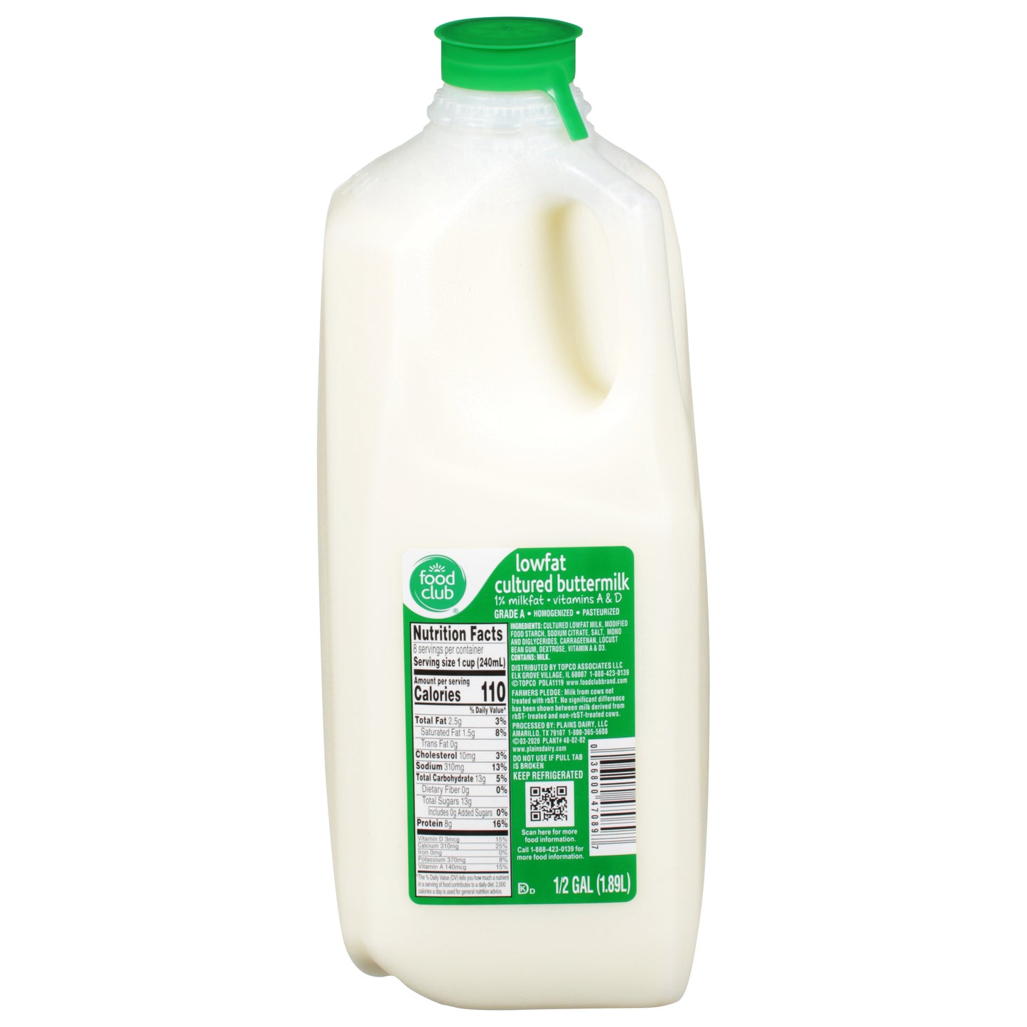 Food Club 1% Milkfat Lowfat Cultured Buttermilk 0.5 gal