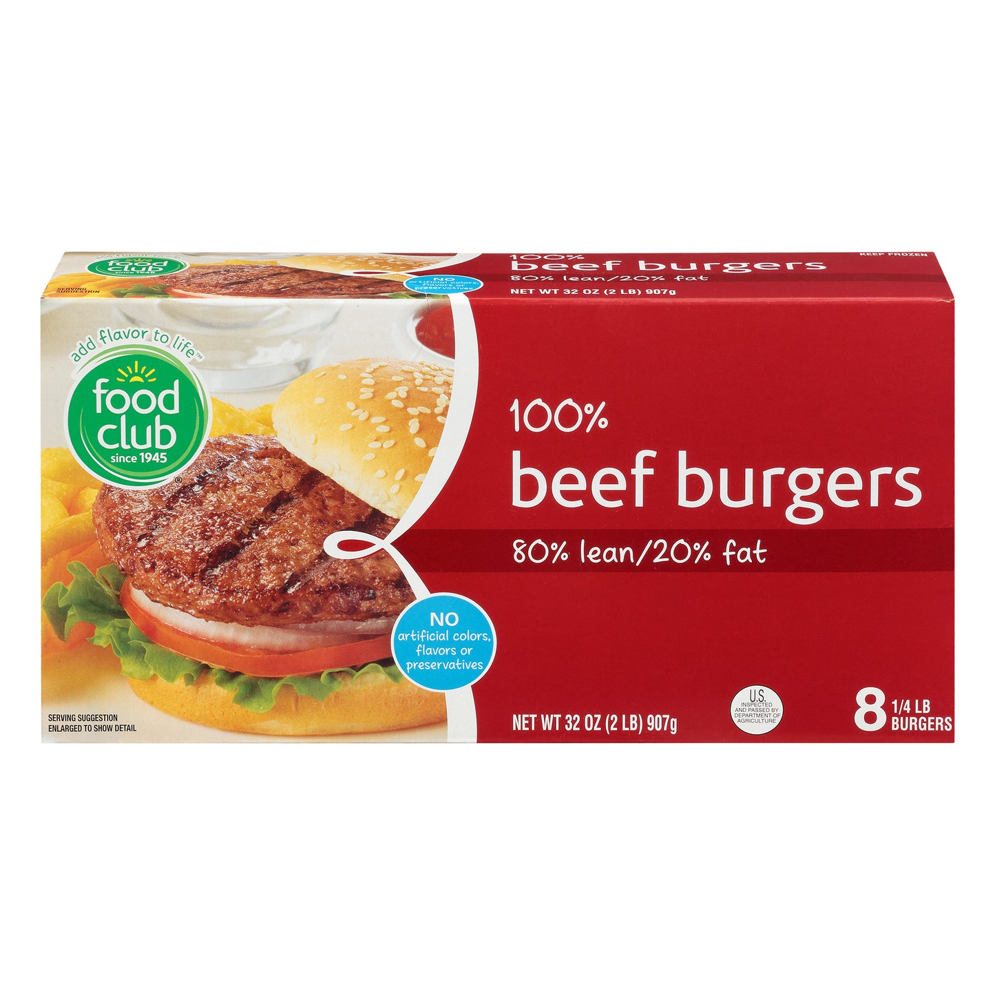 Food Club 80% Lean/20% Fat 100% Beef Burgers 8 ea