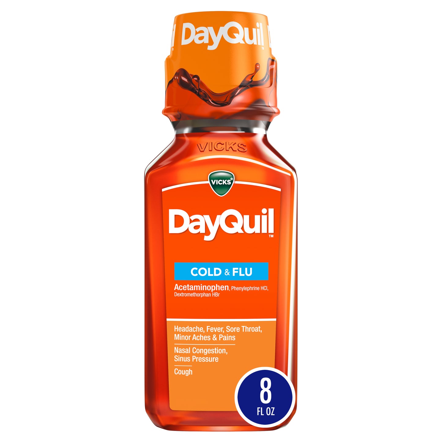 Vicks DayQuil Cold and Flu Relief Liquid Medicine, Non-Drowsy Powerful Multi-Symptom Daytime Relief for Headache, Fever, Sore Throat, Minor Aches and Pains, Nasal Congestion, Sinus Pressure, and Cough, 8 FL OZ
