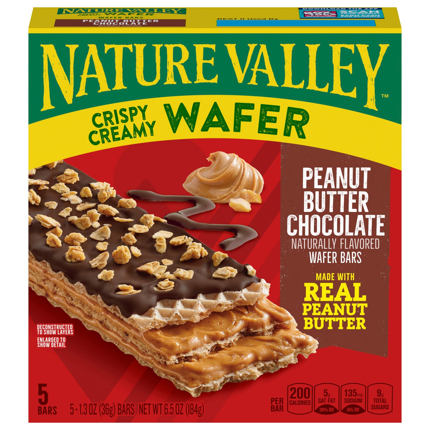 Nature Valley Wafer Bars, Peanut Butter Chocolate, 5 Bars, 6.5 OZ