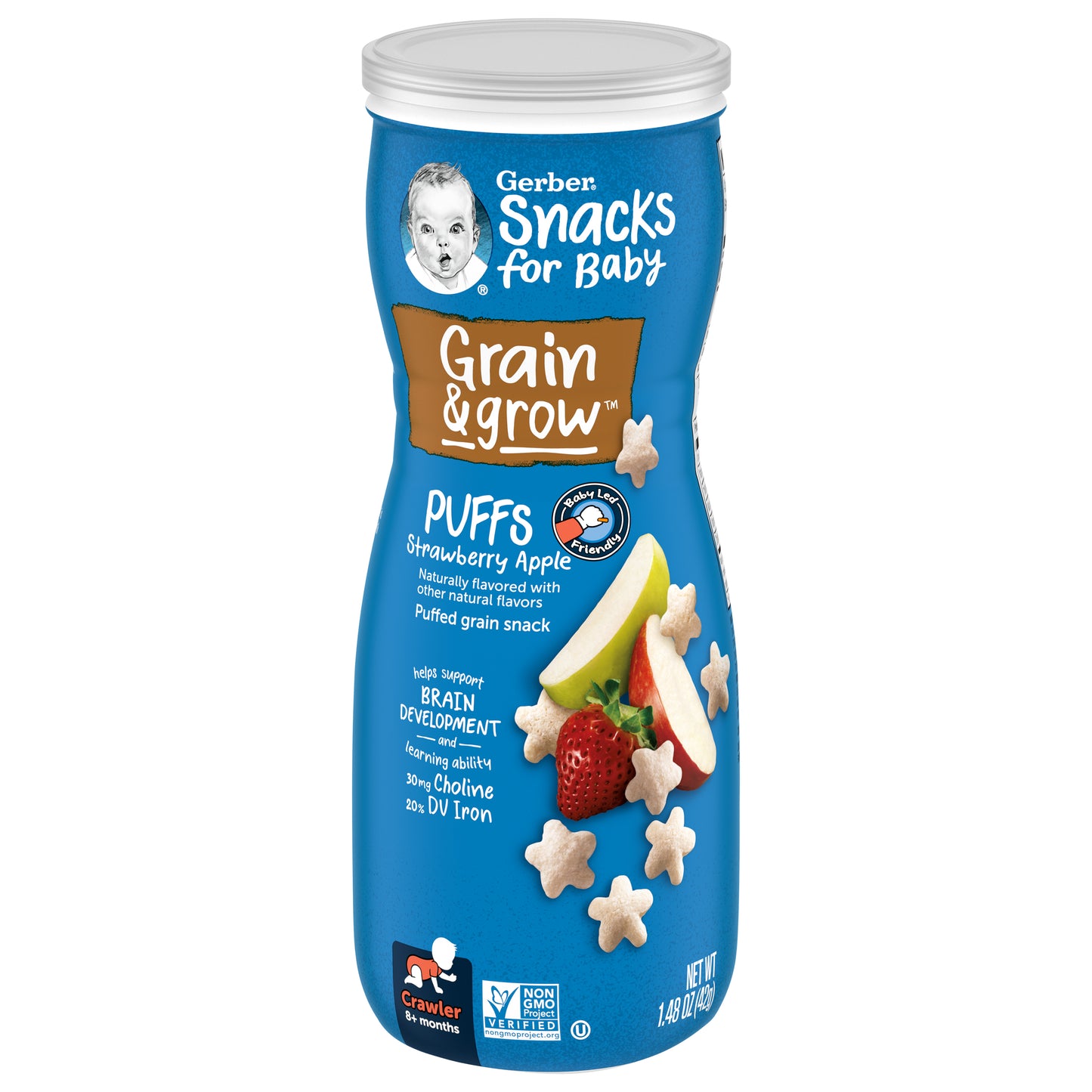 Gerber Snacks For Baby Crawler Grain & Grow Strawberry Apple Puffs Stage 2, 1.48 oz Snacks Canister