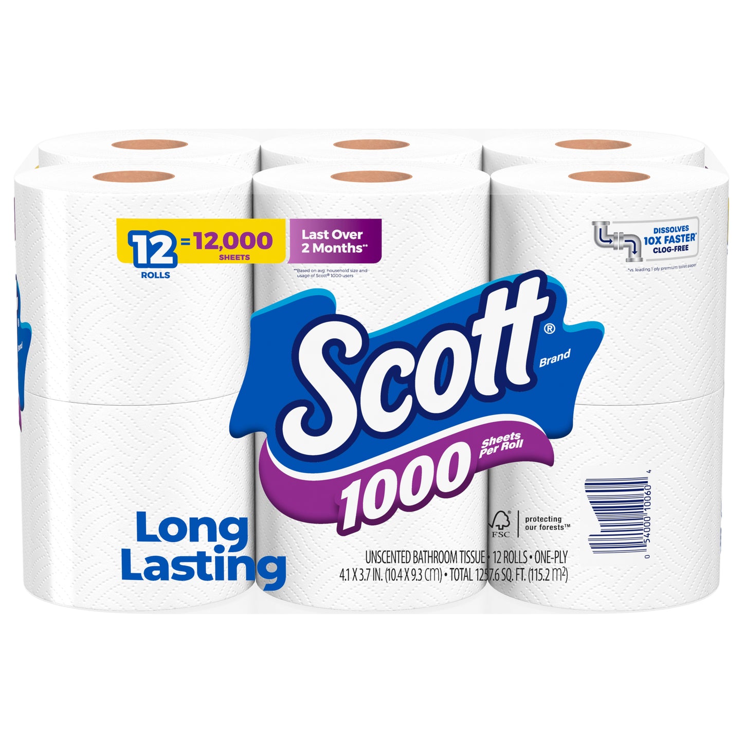 Scott 1000 Toilet Paper, 12 Rolls, Septic-Safe, 1-Ply Toilet Tissue