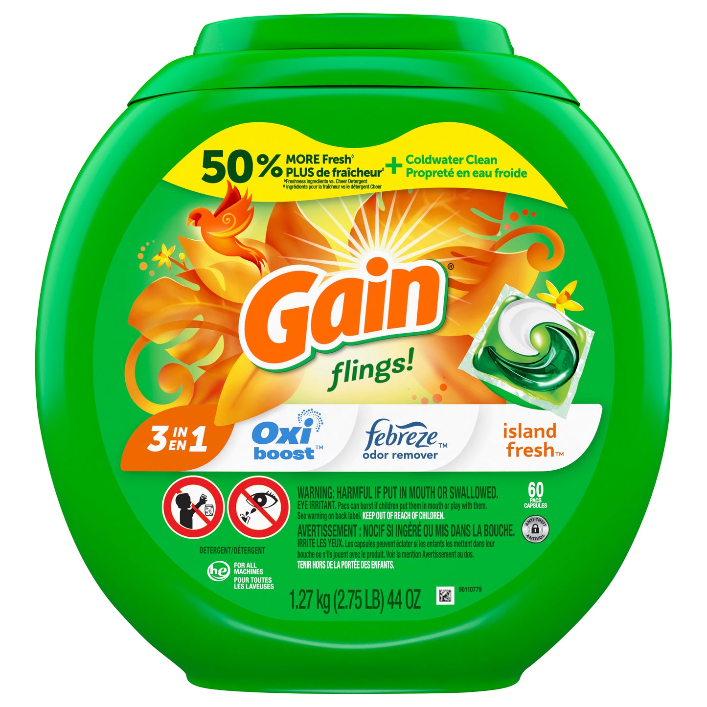 Gain flings! Liquid Laundry Detergent Soap Pacs, HE Compatible, 60 Count, Long Lasting Scent, Island Fresh Scent