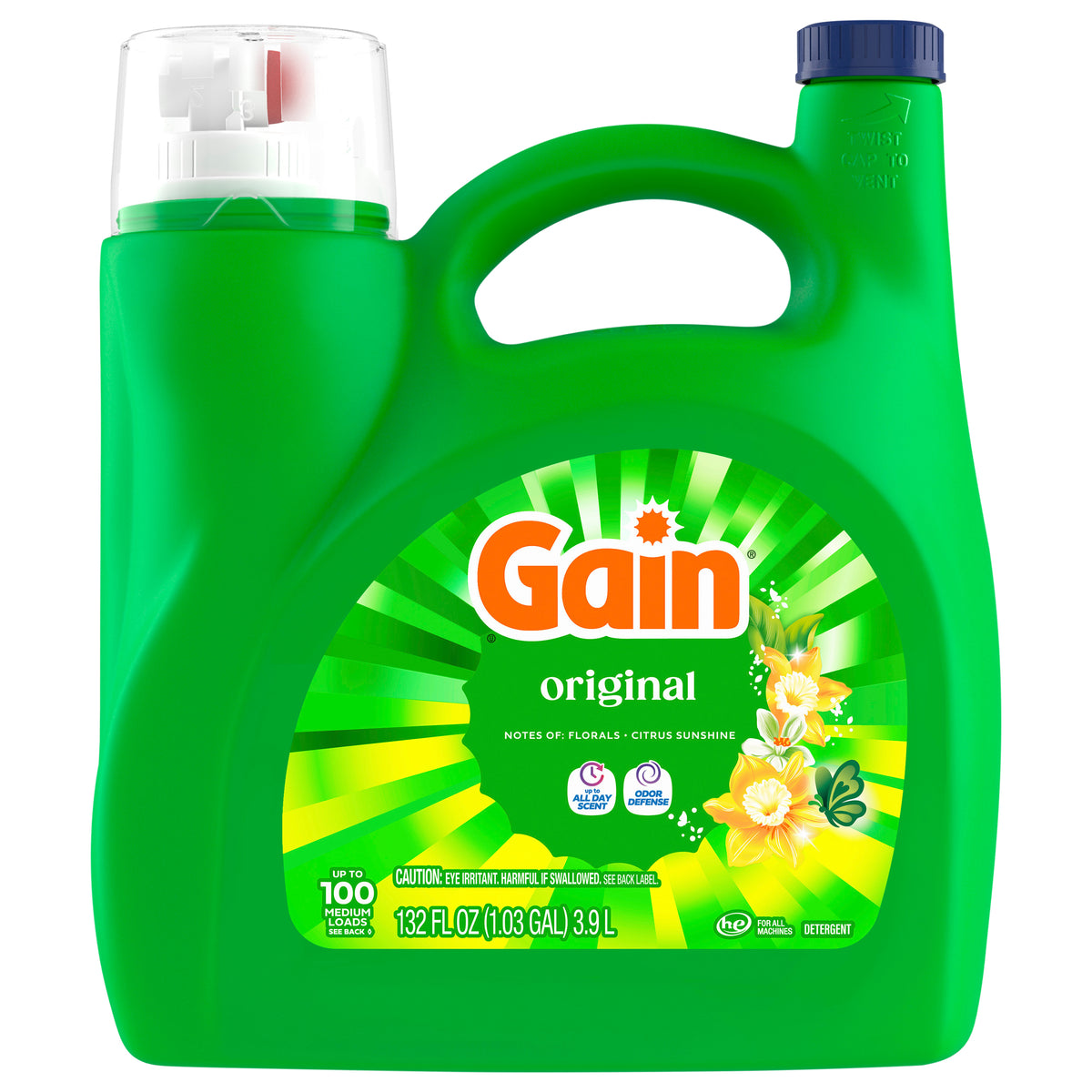 Gain Liquid Laundry Detergent, Now with Odor Defense, Original Scent, 132 fl oz, 100 Loads