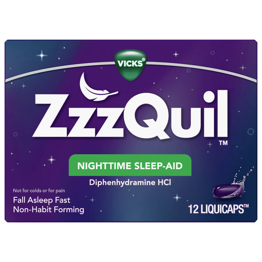 ZzzQuil, Nighttime Sleep Aid LiquiCaps, 25 mg Diphenhydramine HCl, No.1 Sleep-Aid Brand, Non-Habit Forming, Fall Asleep Fast, 12 Count