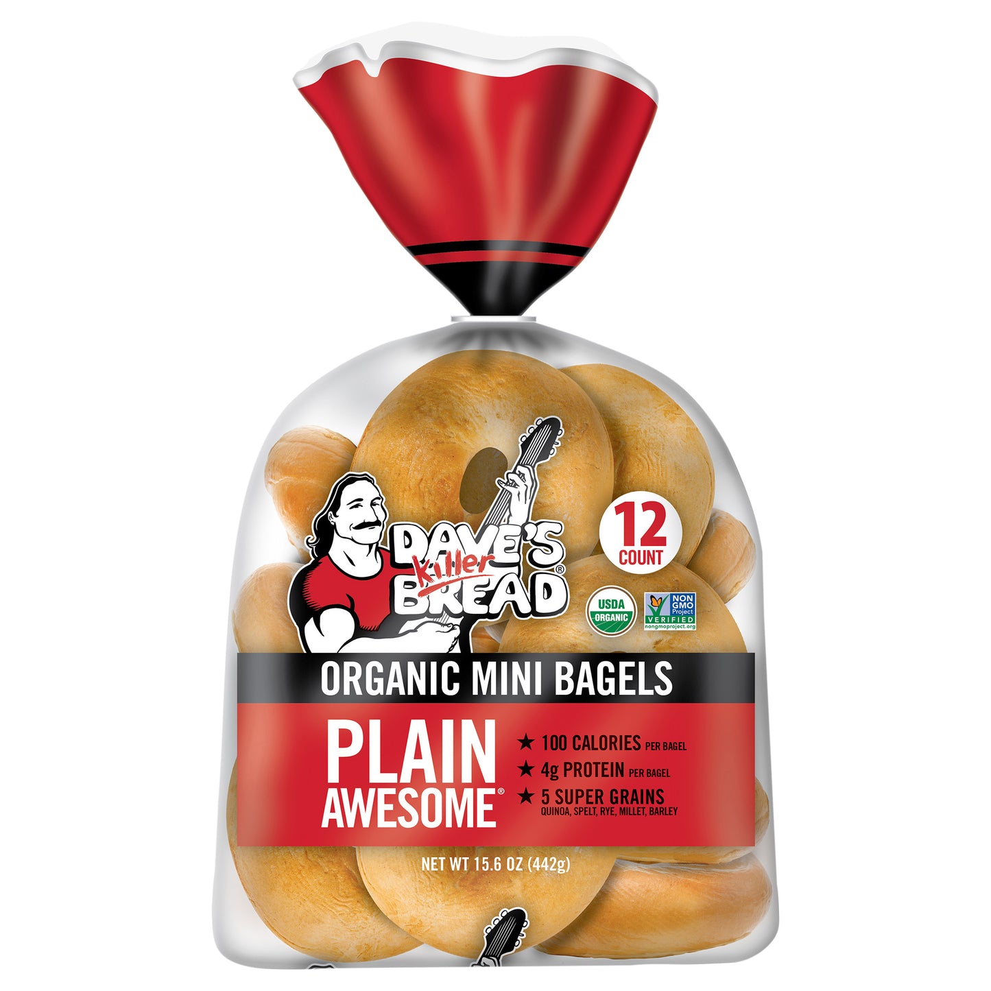 Dave's Killer Bread Plain Awesome Mini Bagels, Organic Bagels, 4g Protein per Bagel, 12 Count