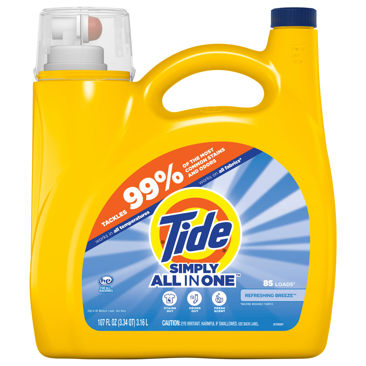 Tide Simply Liquid Laundry Detergent, Refreshing Breeze Scent, 85 Loads, 107 fl oz, All-In-One Detergent - Simply All in One