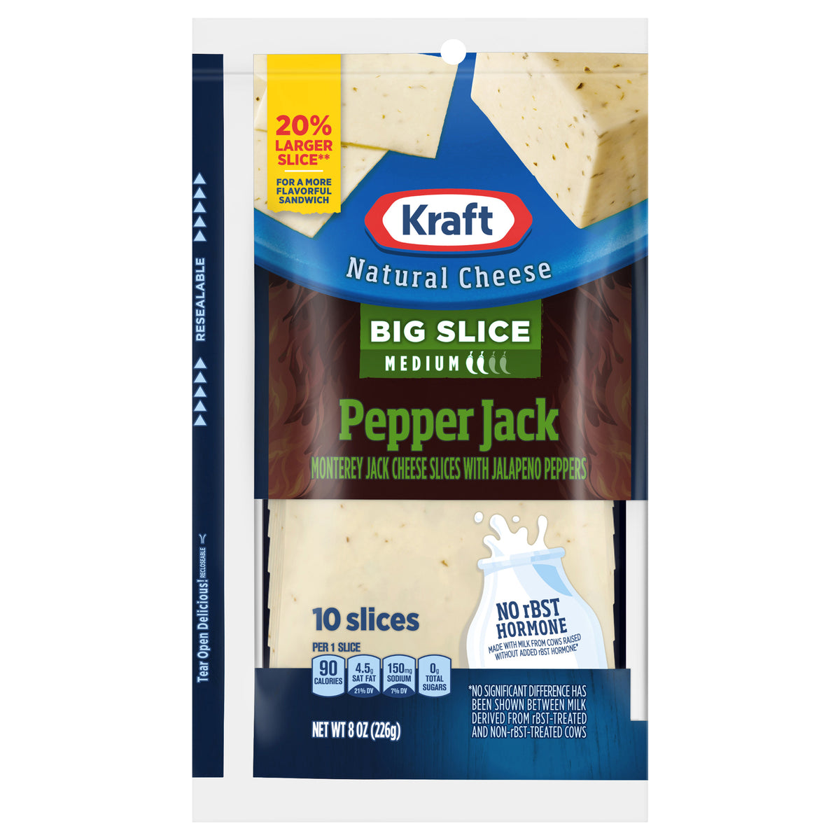 Kraft Big Slice Pepper Jack Natural Cheese Slices 8 oz Film Wrapped (10 Slices)