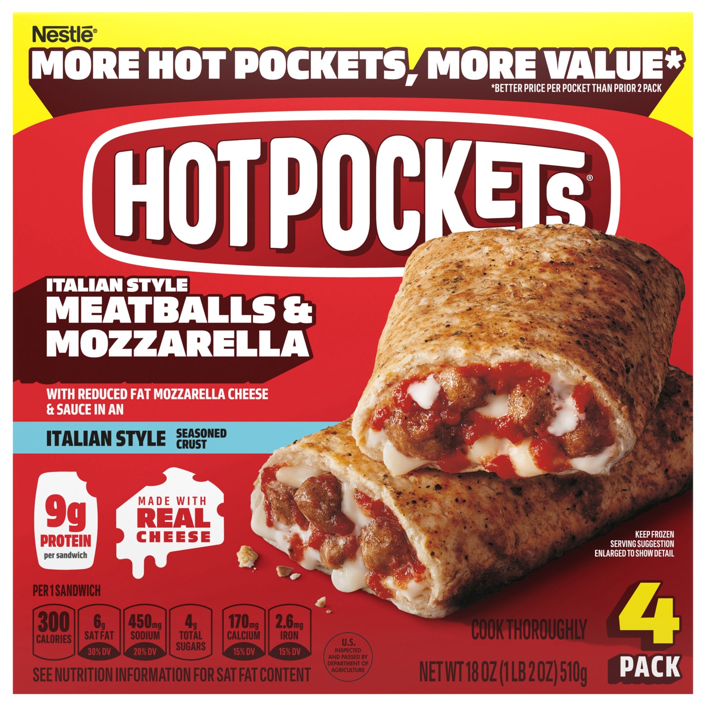 Hot Pockets Meatballs and Mozzarella, Frozen Snacks, Air Fryer Snacks, 9g Protein, 4PK
