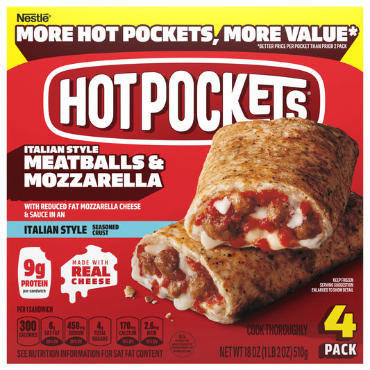 Hot Pockets Meatballs and Mozzarella, Frozen Snacks, Air Fryer Snacks, 9g Protein, 4PK