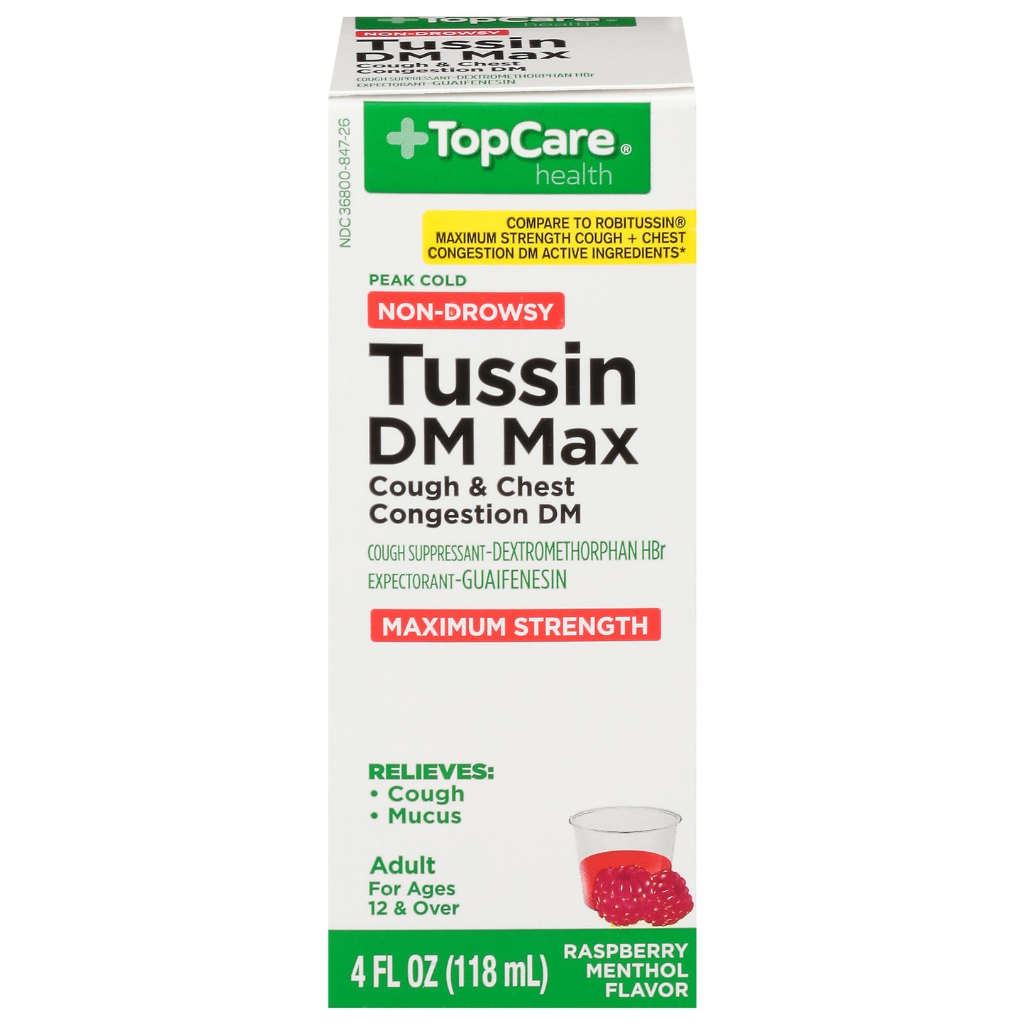 TopCare Health Non-Drowsy Maximum Strength Raspberry Menthol Flavor Tussin DM Max 4 fl oz