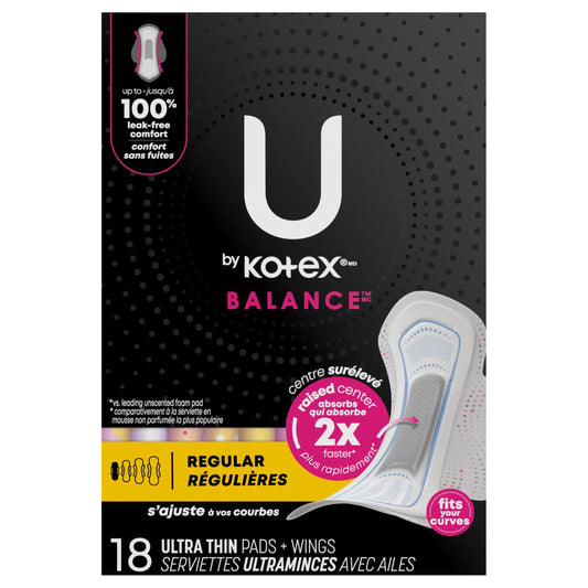 U by Kotex Balance Ultra Thin Pads with Wings, Regular Absorbency, 18 Count