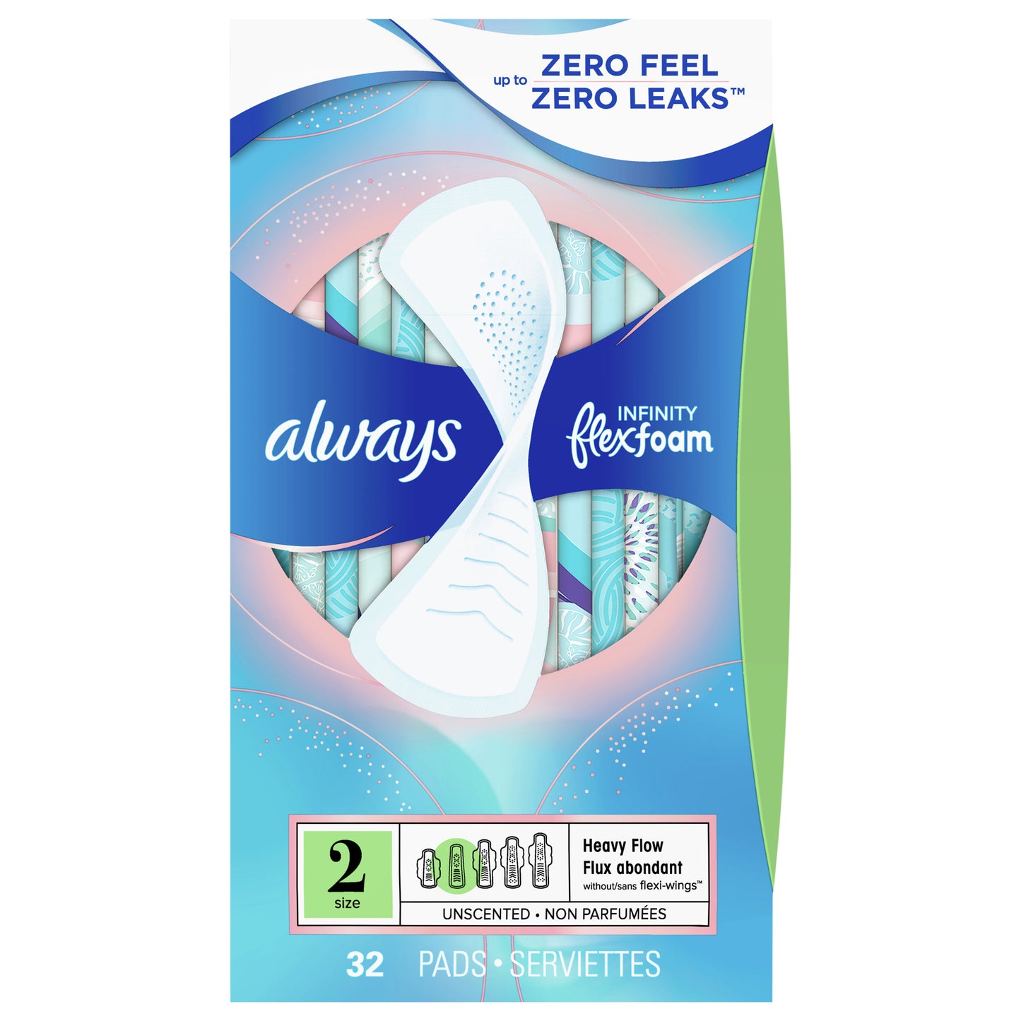 Always Infinity Feminine Pads for Women, Size 2, Heavy, without wings, Unscented, 32 CT