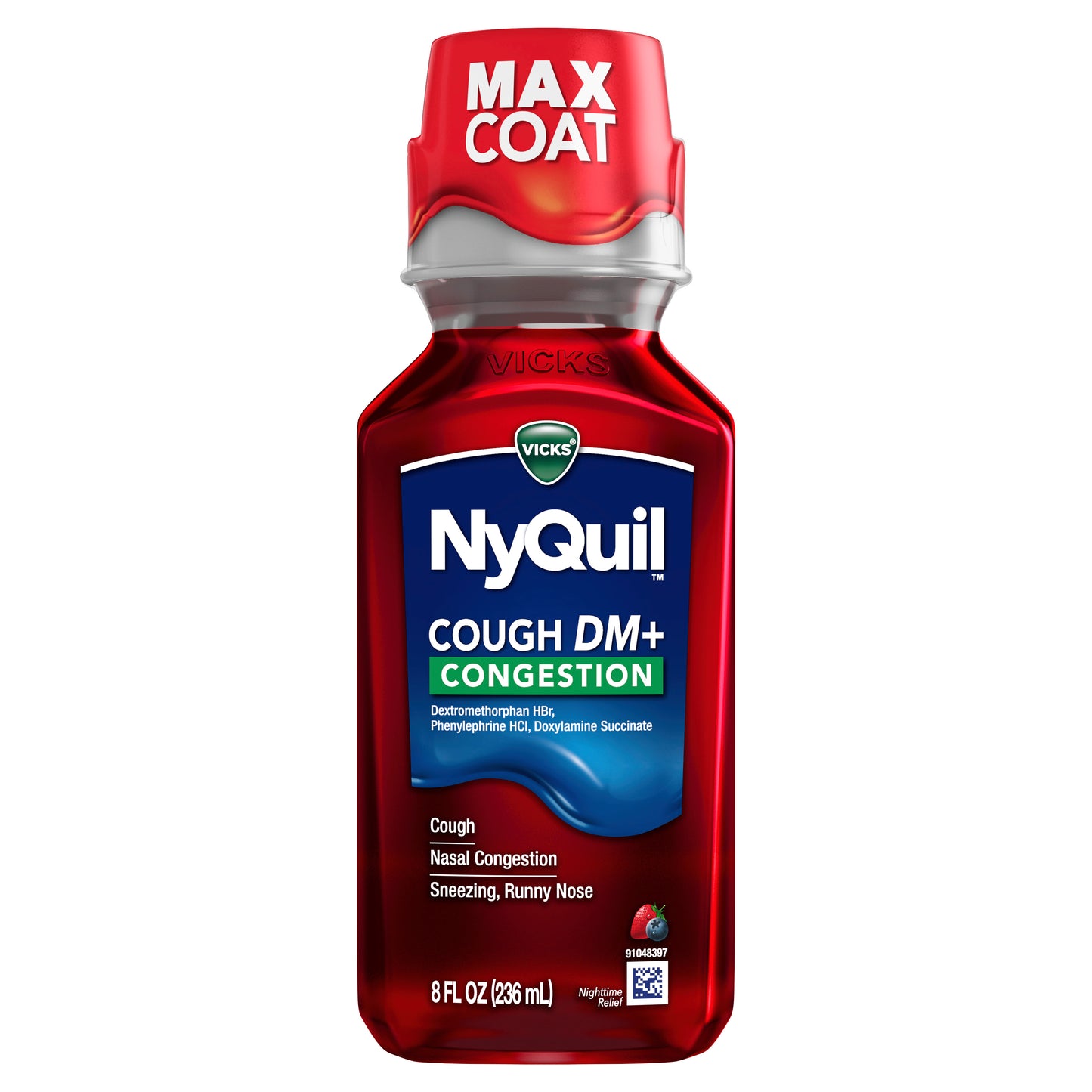 Vicks NyQuil Cough DM+ Congestion Relief Liquid Medicine, Maximum Strength Multi-Symptom Nighttime Relief for Cough, Nasal Congestion, Sneezing and Runny Nose, Cherry Flavor, 12 FL OZ