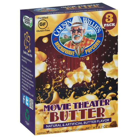 Cousin Willie's 3 Pack Movie Theater Butter Microwave Popcorn 3 ea