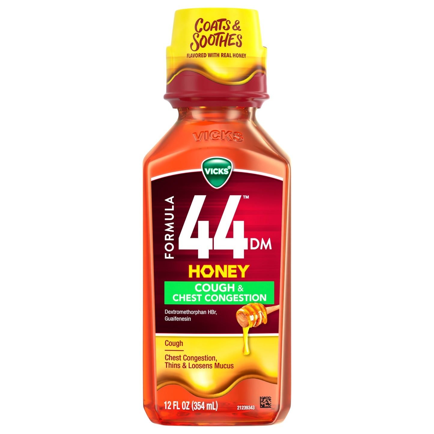 Vicks Formula 44 DM Cough & Congestion Liquid, Over-the-Counter Medicine, Day or Night, Cough Syrup, Powerful Cough and Congestion Relief, Cough Suppressant and Expectorant, Honey Flavor, 12 FL OZ
