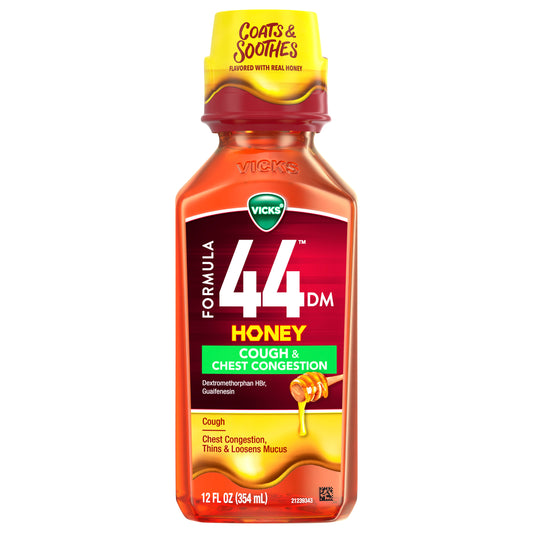 Vicks Formula 44 DM Cough & Congestion Liquid, Over-the-Counter Medicine, Day or Night, Cough Syrup, Powerful Cough and Congestion Relief, Cough Suppressant and Expectorant, Honey Flavor, 12 FL OZ