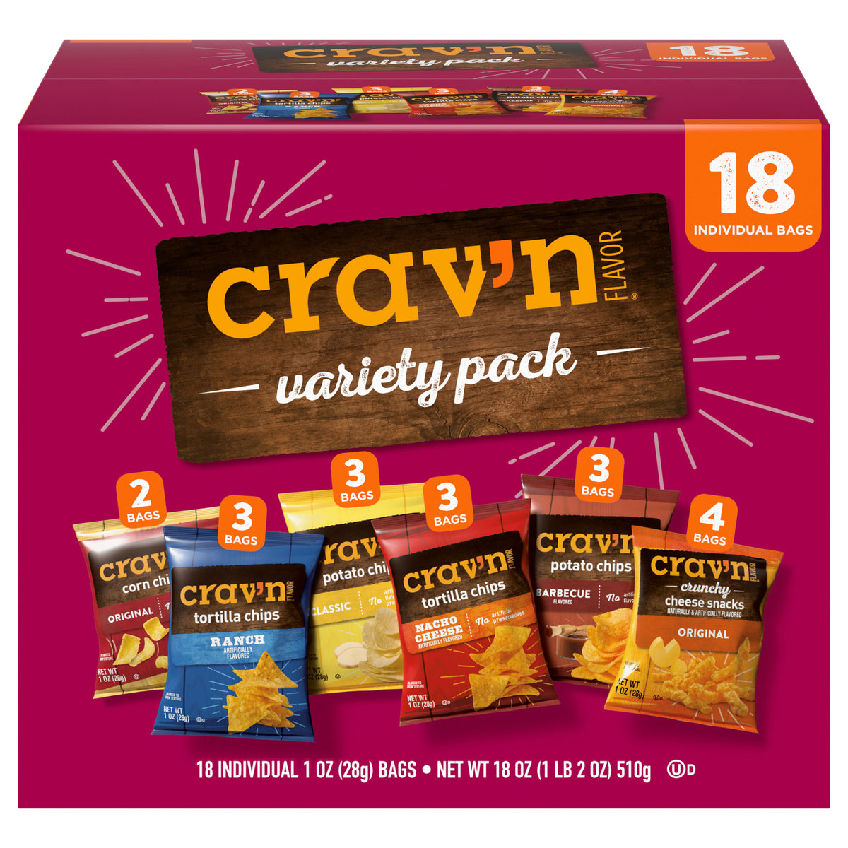 Crav'n Flavor Assorted Snacks Variety Pack 18 - 1 oz Bags