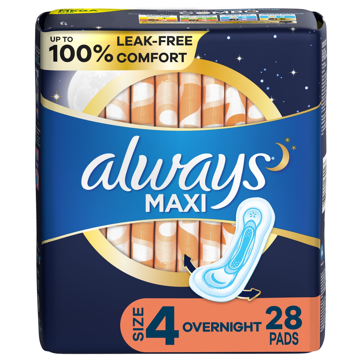 Always Maxi Overnight Pads without Wings, Size 4, Overnight, Unscented, 28 CT