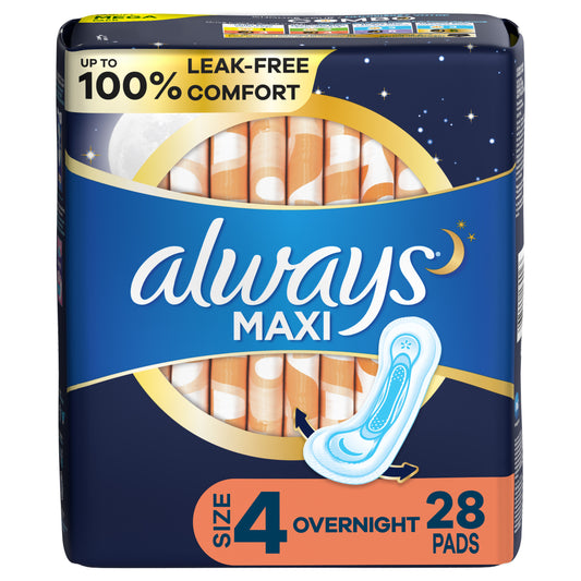 Always Maxi Overnight Pads without Wings, Size 4, Overnight, Unscented, 28 CT