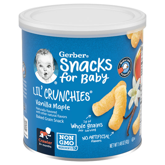 Gerber Snacks for Baby Lil' Crunchies Baked Grain Snack Vanilla Maple, 1.48 oz. Snacks Canister