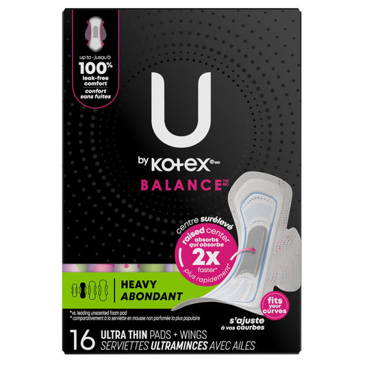 U by Kotex Balance Ultra Thin Pads with Wings, Heavy Absorbency, 16 Count