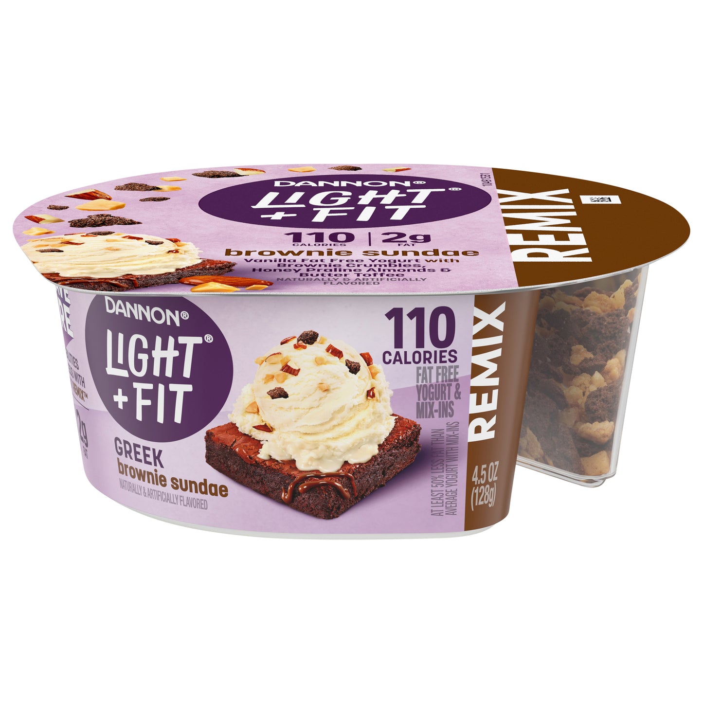 Dannon Light + Fit REMIX Brownie Sundae Vanilla Nonfat Greek Yogurt with Brownie Crumbles, Honey Praline Almonds and Butter Toffee Mix-Ins, 4.5 OZ Yogurt Cups