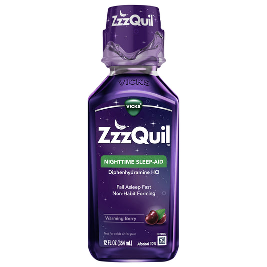 ZzzQuil Liquid Sleep Aid, Diphenhydramine 50mg HCl, Nighttime Sleep Aid Liquid, Sleep Aids for Adults, Warming Berry Flavored, 12 FL OZ