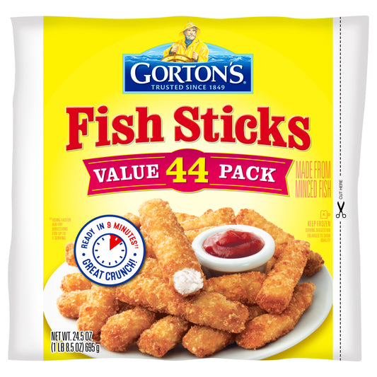 Gorton’s Crunchy Breaded Fish Sticks Cut from Real Fish, Wild Caught Fish with Crunchy Panko Breadcrumbs, Frozen, 44 Count, 24.5 Ounce Package