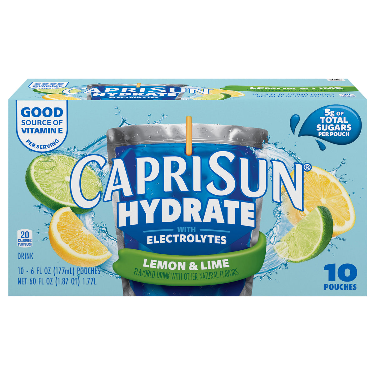 Capri Sun Hydrate with Electrolytes Flavored Drink with Other Natural Flavor, 10 Pouches, for On-the-Go Hydration and School Lunches, Lemon and Lime, Good Source of Vitamin E, 6 oz