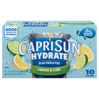 Capri Sun Hydrate with Electrolytes Flavored Drink with Other Natural Flavor, 10 Pouches, for On-the-Go Hydration and School Lunches, Lemon and Lime, Good Source of Vitamin E, 6 oz