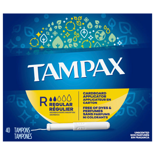 Tampax Cardboard Tampons Regular Absorbency, Anti-Slip Grip, LeakGuard Skirt, Unscented, 40 Count