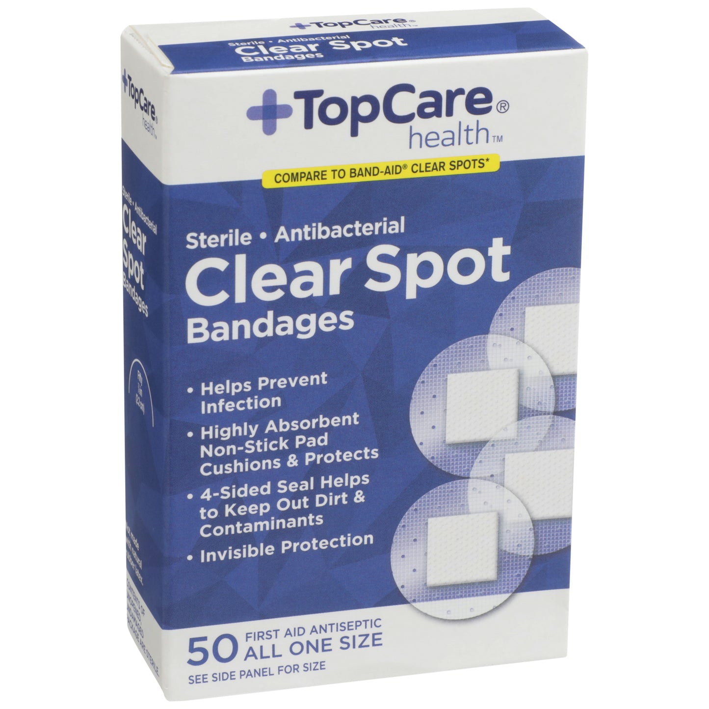 Antibacterial First Aid Antiseptic All One Size Spot Bandages, Clear