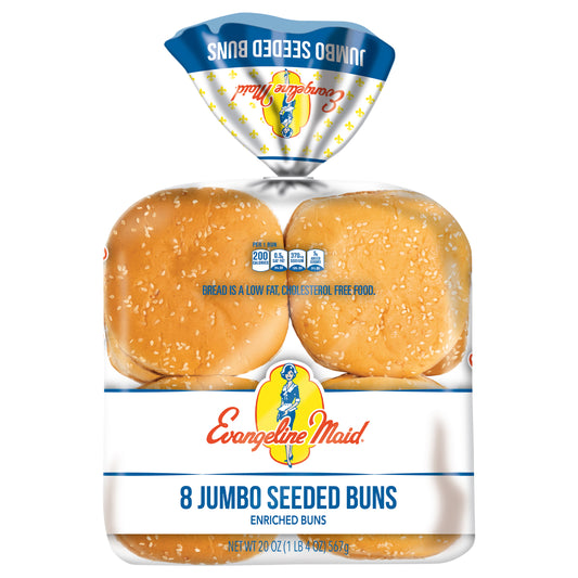 Evangeline Maid White Jumbo Seeded Hamburger Buns, Sliced Enriched Jumbo Seeded Hamburger Buns, 8 Count