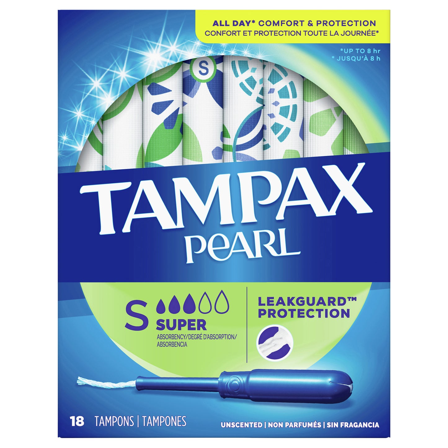 Tampax Pearl Tampons Super Absorbency with BPA-Free Plastic Applicator and LeakGuard Braid, Unscented, 18 Count