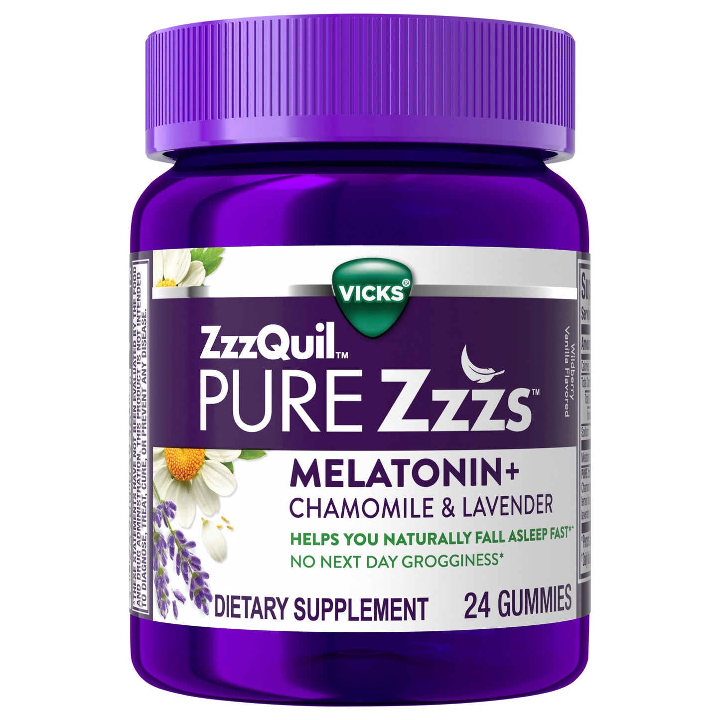 ZzzQuil PURE Zzzs Melatonin Gummies, Sleep Aid, Melatonin 2mg, with Chamomile & Lavender, Melatonin Sleep Gummies, Sleep Aids for Adults, Wildberry Vanilla Flavored, 24 Sleep Gummies