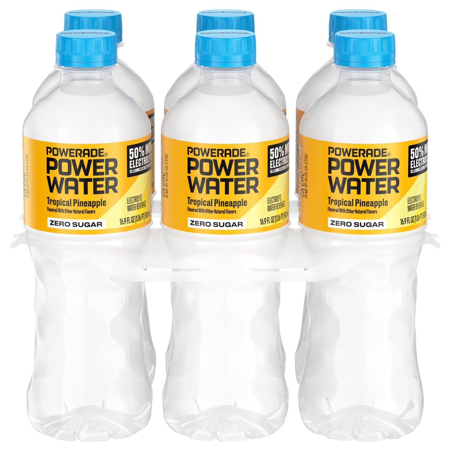POWERADE Power Water Zero Sugar Tropical Pineapple Flavored Electrolyte Water, 16.9 fl oz Bottles, 6 Pack