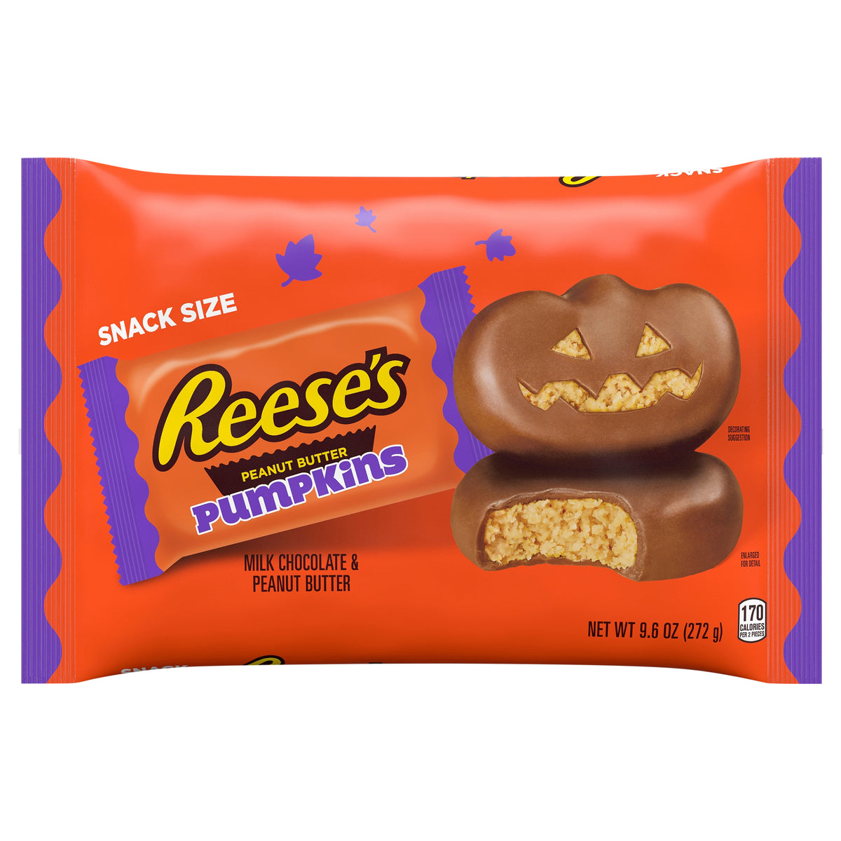 REESE'S Milk Chocolate Snack Size Peanut Butter Pumpkins, Halloween Candy Bag, 9.6 oz