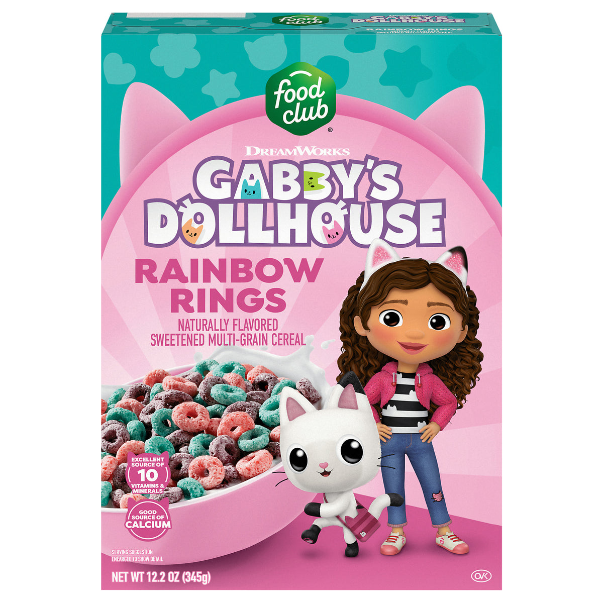 Food Club Dream Works Gabby's Dollhouse Sweetened Multi-Grain Rainbow Rings Cereal 12.2 oz