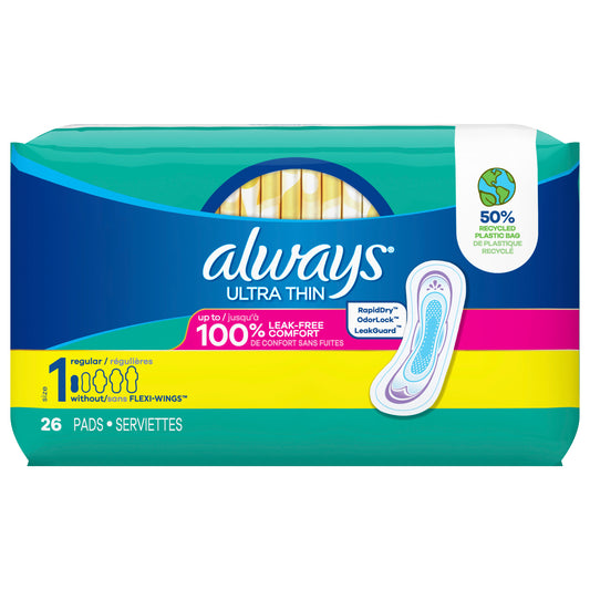 Always Ultra Thin Pads without Wings, Size 1, Regular, Unscented, 26 CT