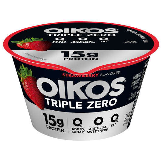 Oikos Triple Zero Strawberry 15g Protein, No Sugar Added, Nonfat Greek Yogurt, 5.3 OZ Cup