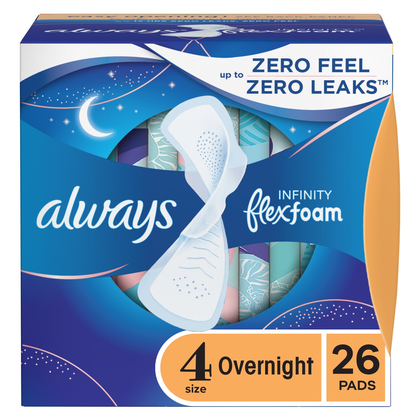 Always Infinity Feminine Pads for Women, Size 4 Overnight, with wings, unscented, 26ct
