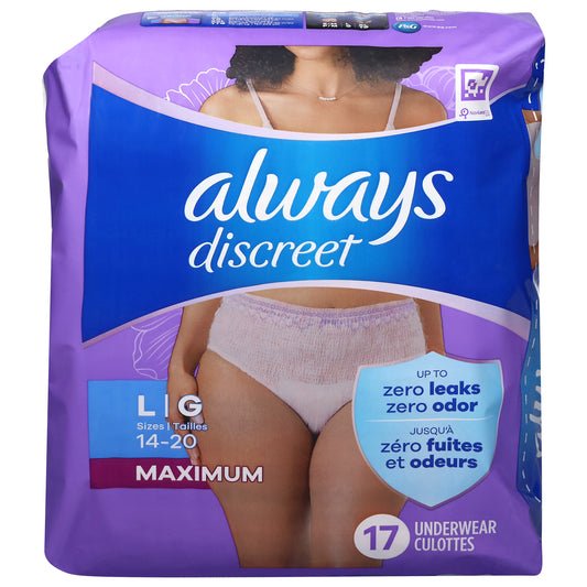 Always Discreet Maximum L (14-20) Underwear (60-125 lbs) 17 Each